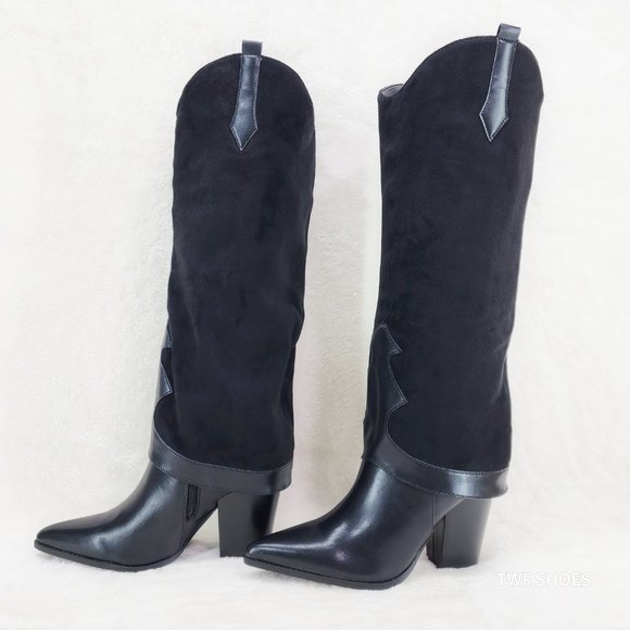 Branded Black Skirted Fold Over Western Knee High Cowgirl Boots - Picture 2 of 8